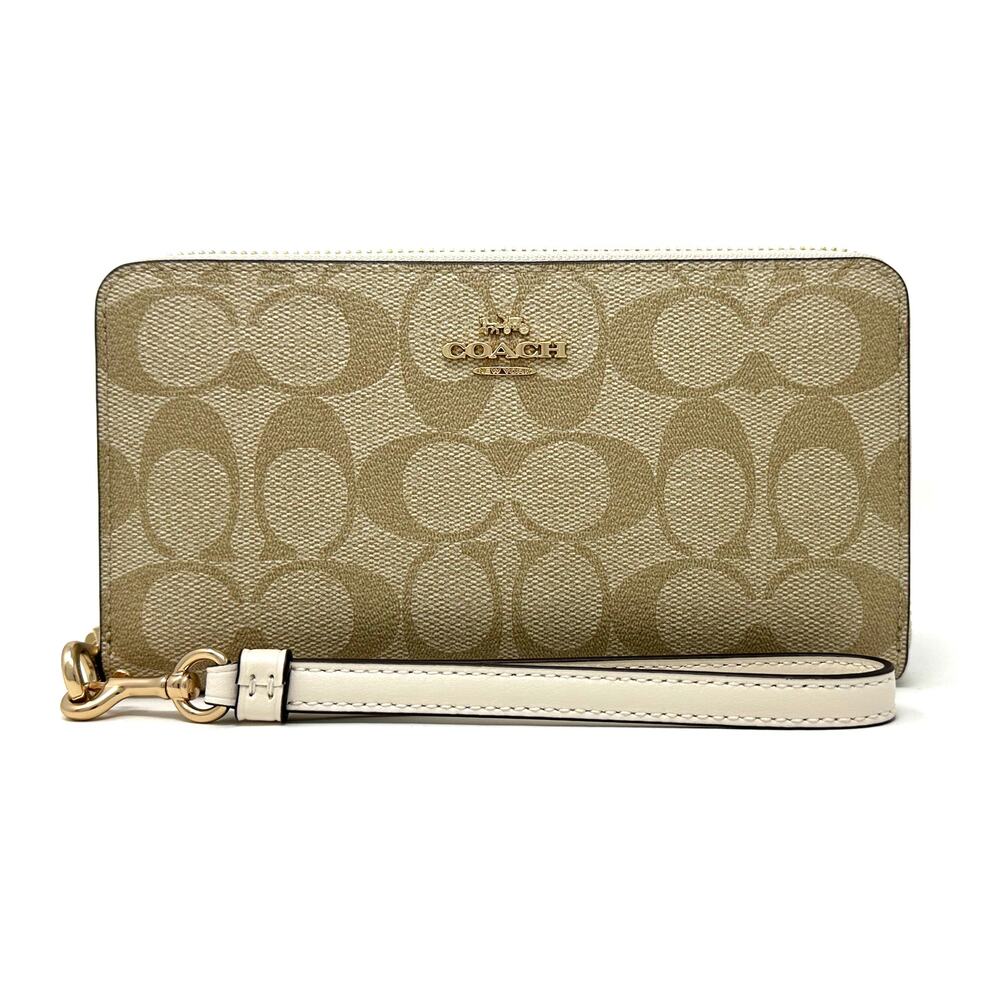 Coach Long Zip Around Wallet in Signature Canvas Light Khaki Chalk White C4452